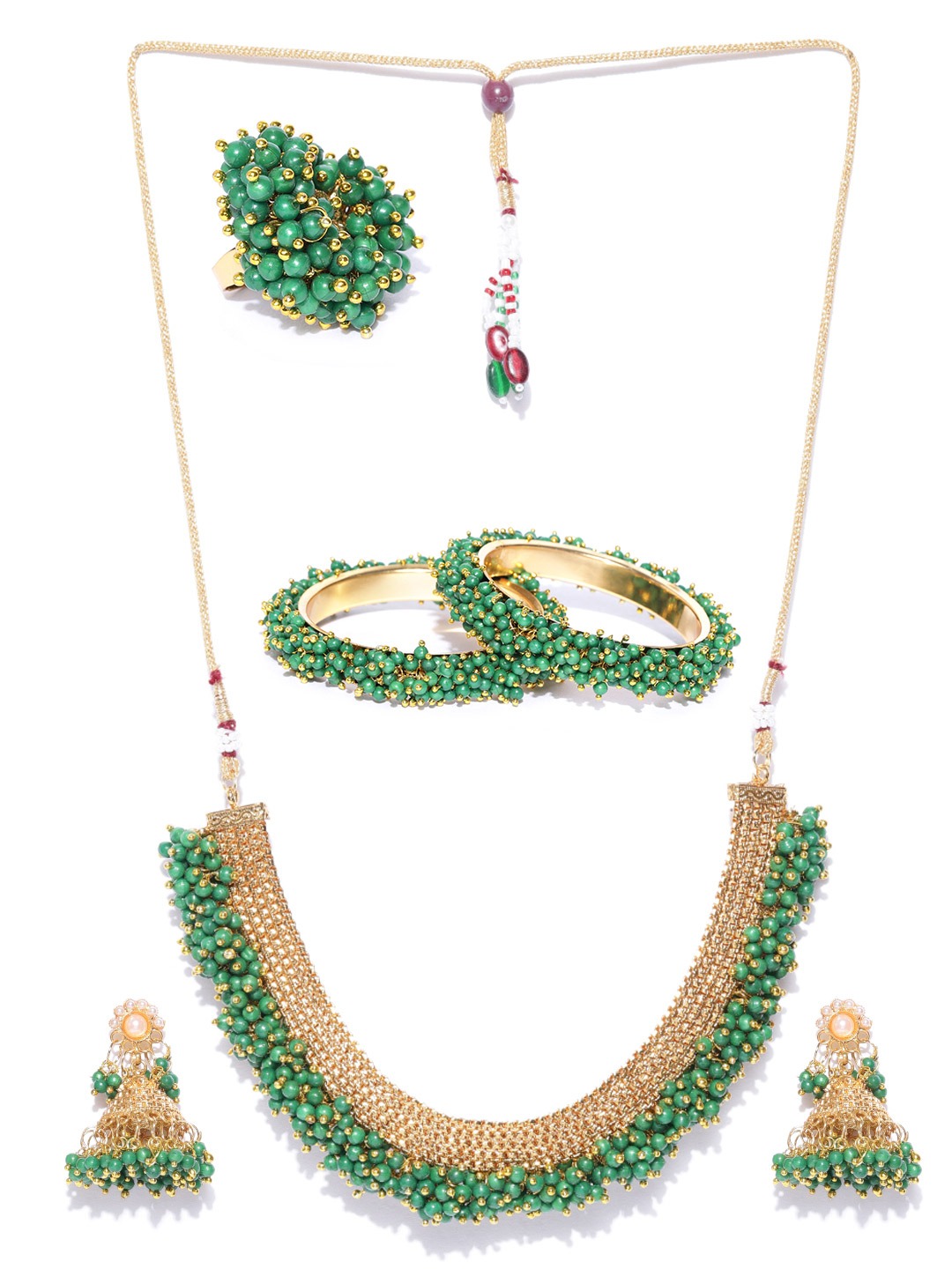 YouBella Gold-Toned  Green Beaded Textured Jewellery Set